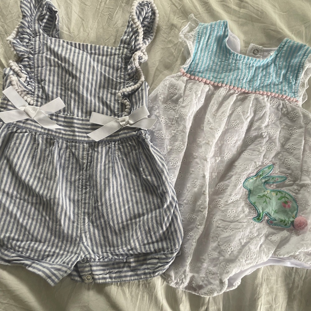18 Month Baby Summer Rompers Blue White Stripes And Bunnies Baby Outfit Set Of 2